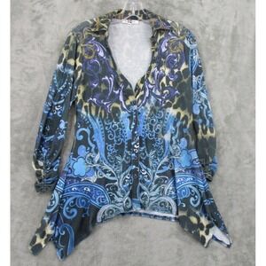 IQ Paris Shirt Womens Size M Blue Animal Print Paisley Button Front Stretch Knit